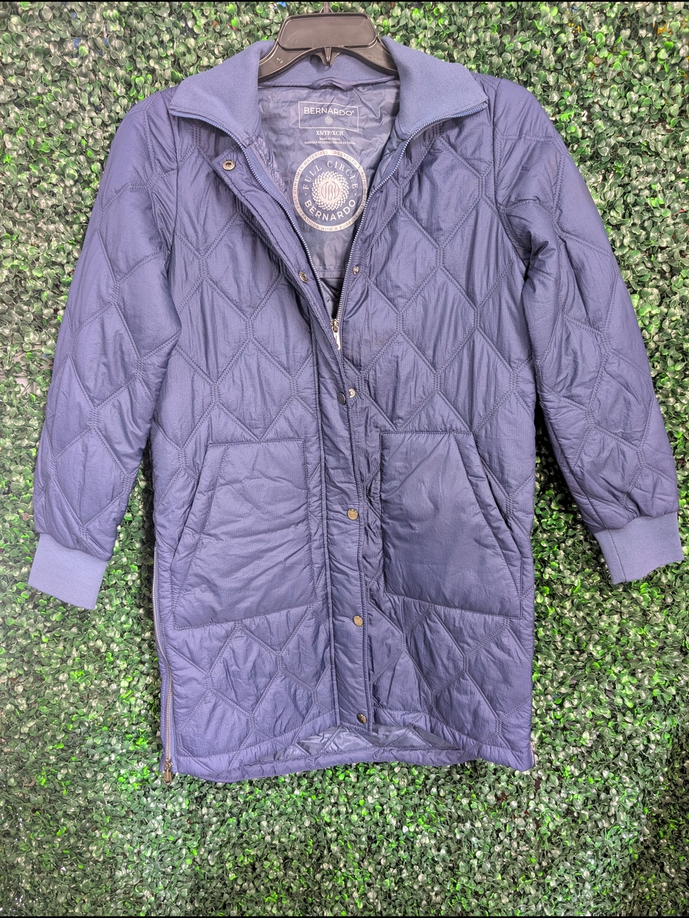 Bernardo Quilted Long Puffer Coat in Navy Blue